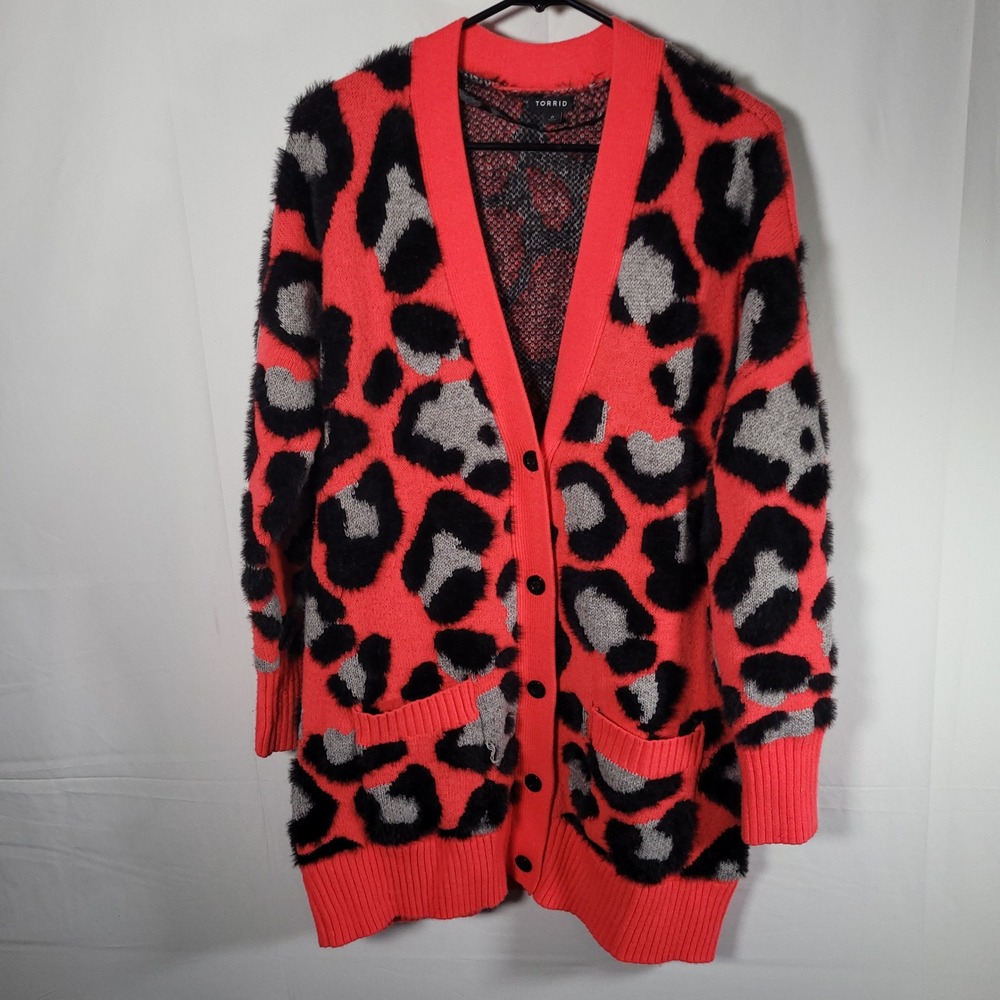Torrid Hot Pink Leopard Print Fuzzy Soft Cardigan Sweater Size 0